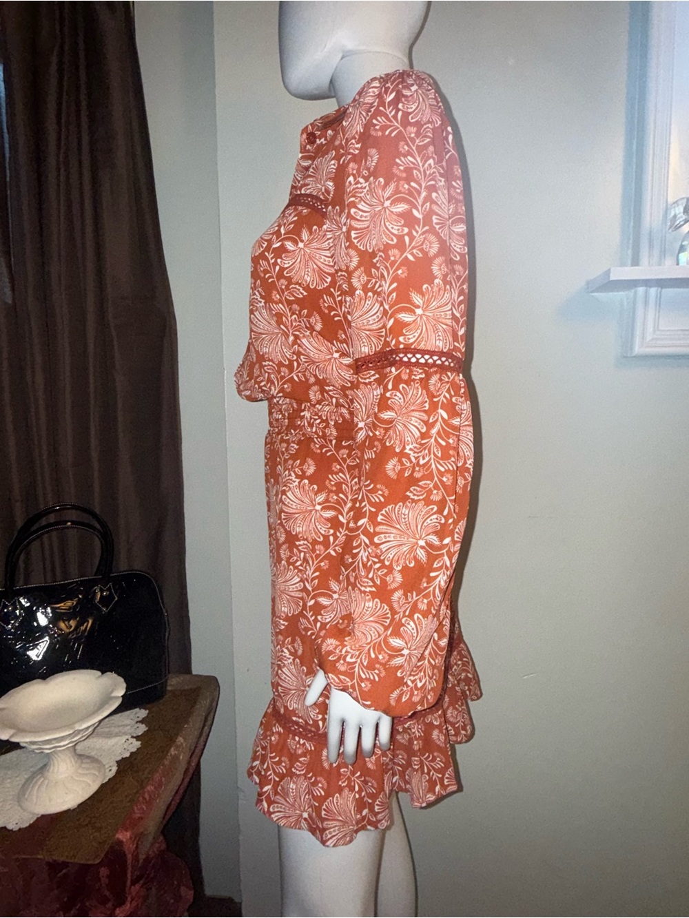 Women's Rust Floral Ruffle Mini Dress - Picture 4 of 10